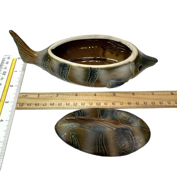 Art Glazed Pottery Fish Trinket Box Bowl With Lid Handmade Unmarked 7" - Picture 6 of 11